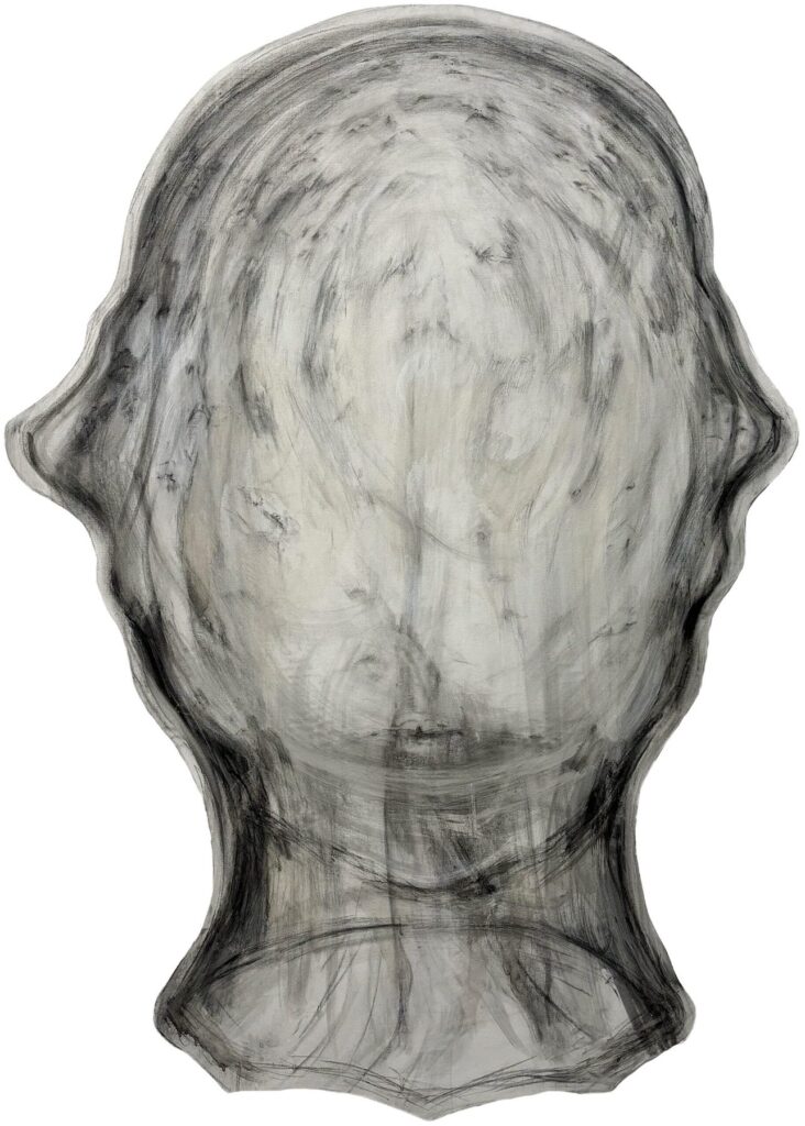Smother, by Korbyn Carleton, 2024, charcoal, acrylic, and shellac on canvas mounted on panel