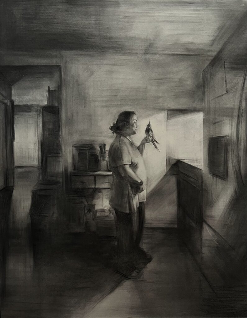 Mariquis Y Mi Ama’, by Johnny Castillo, 2022, charcoal on paper