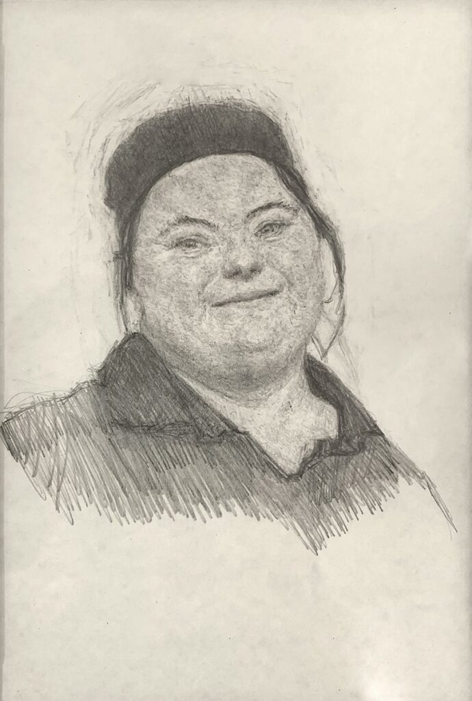 Down Chef, by Jeffrey Casto, 2022, graphite on paper
