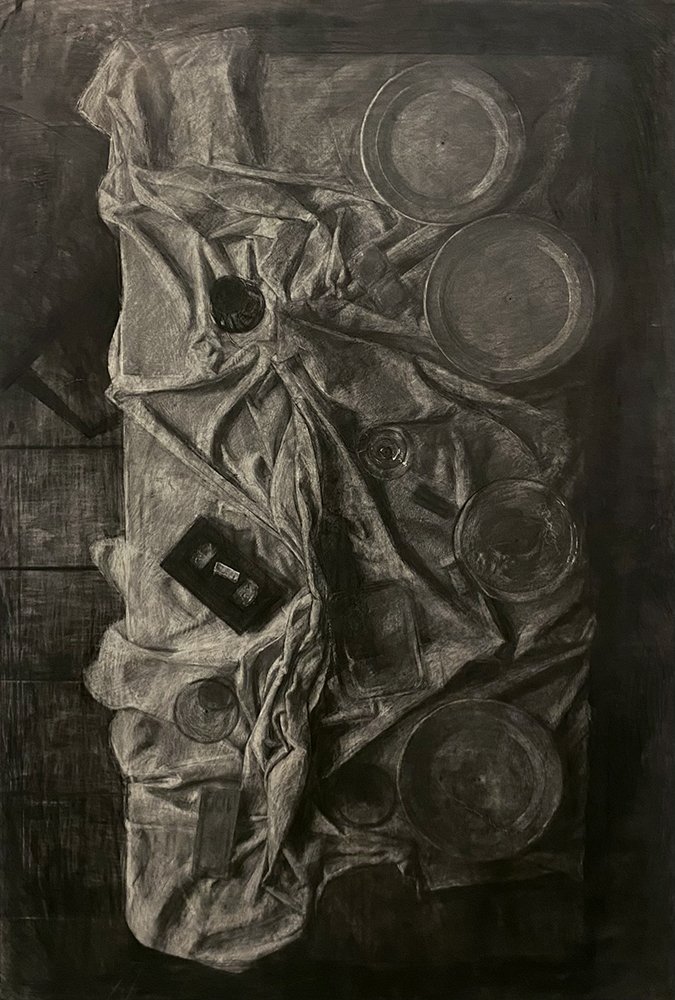 The Aftermath, by Claudio Cecchetti, 2023, graphite and charcoal on paper mounted on panel