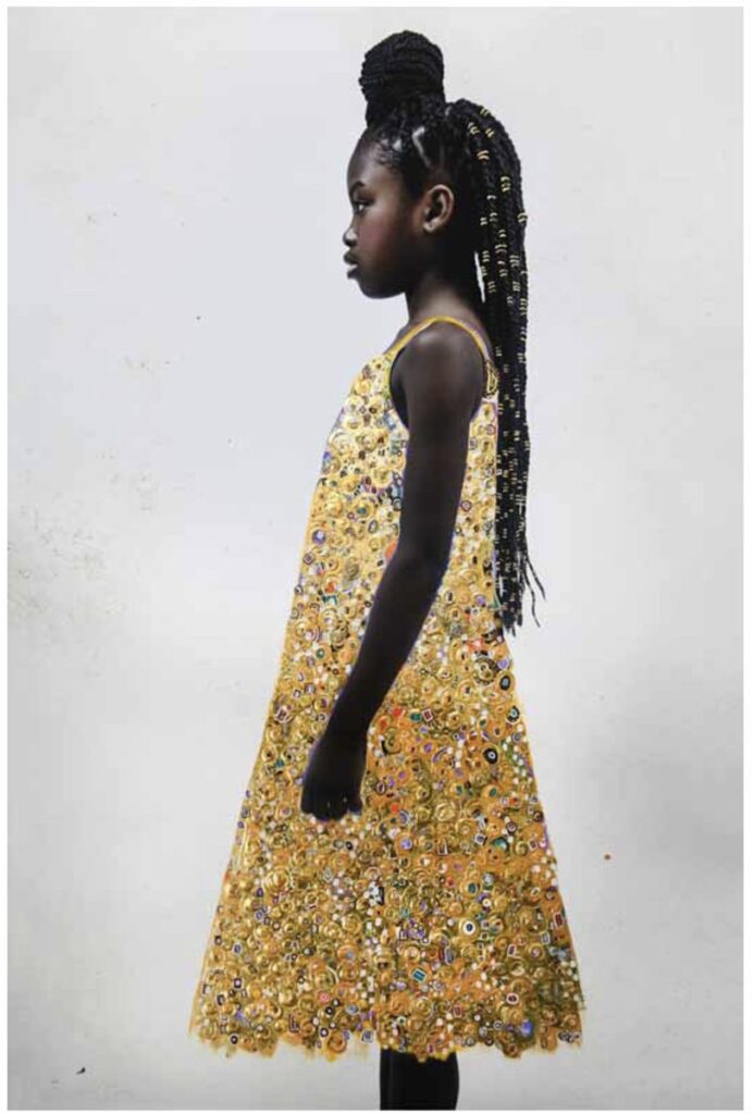 Eden's Playdress: The Redemption Series, by Tawny Chatmon, 2019, gold leaf and acrylic paint on archival pigment print