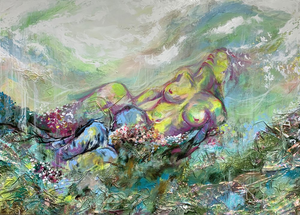 Come Again, by Lauren Cheng, 2023, acrylic, oil, glass paper, sand, and oil pastel on canvas