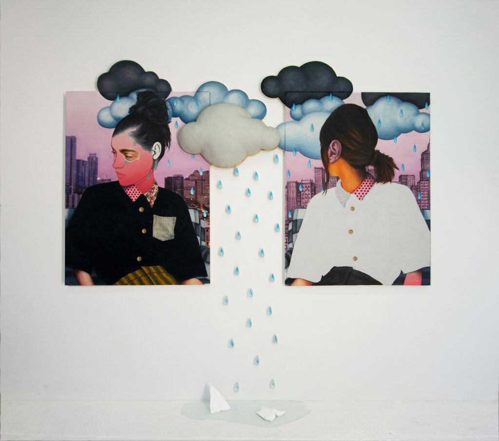 Goodnight Chicago, by Chloe Chiasson Not for Sale, 2020, oil, acrylic, wood, archival inkjet print, charcoal, polyfill, batting, resin, paperclay