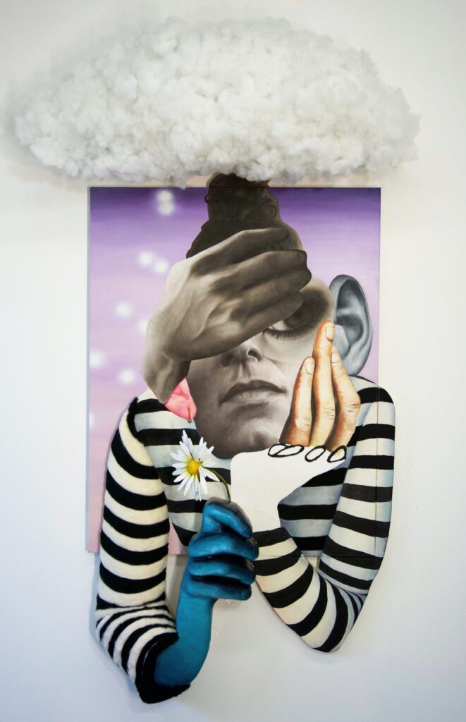 Lady Lie, by Chloe Chiasson Not for Sale, 2020, oil, acrylic, polyfill, wool, resin, wood, neopixels, steel, and glitter on canvas