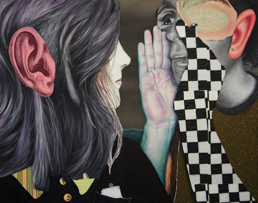 Falling on Deaf Ears, by Chloe Chiasson, 2019, acrylic, oil, vinyl, inkjet print, charcoal, and tape on canvas