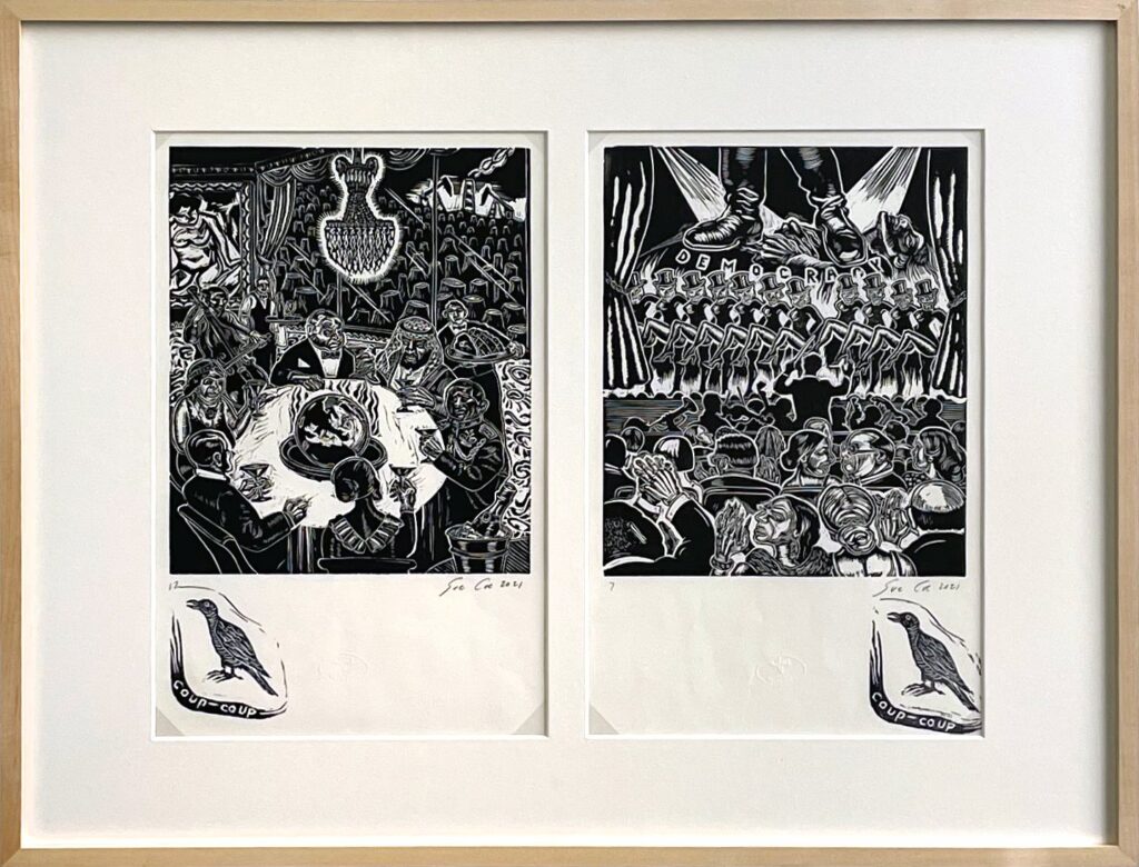 The Toast, Democracy / Chorus Line, by Sue Coe, 2021
