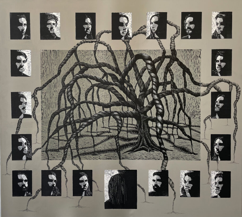 The Blindsided, by Gabriela Cohen, 2021, charcoal on paper mounted on canvas