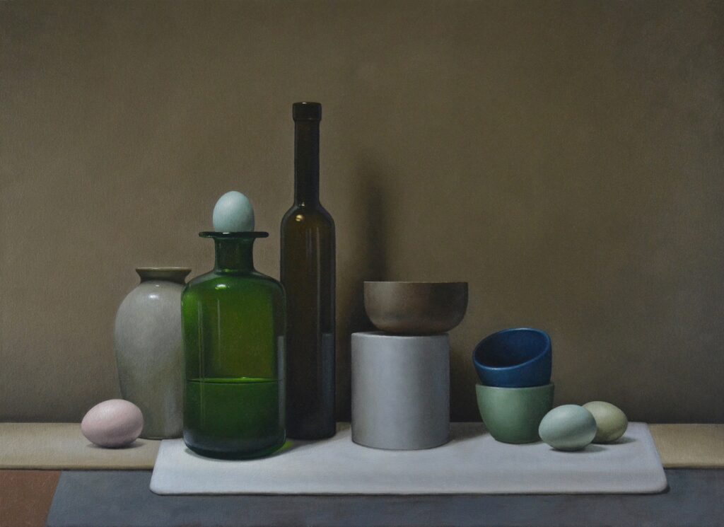 Still Life with Eggs and Bottles, by Trish Coonrod, 2017, oil on canvas