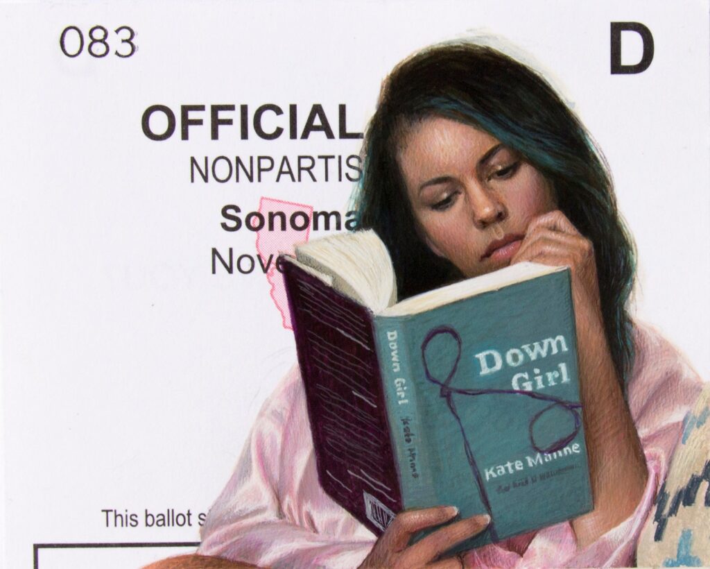 Down Girl, by Diana Corvelle, 2019, gouache on ballot stub