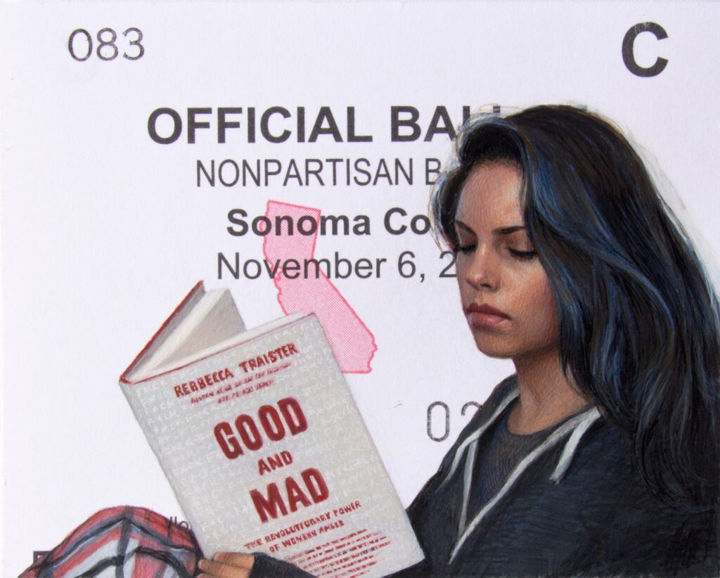 Good and Mad, by Diana Corvelle, 2019, gouache on ballot stub