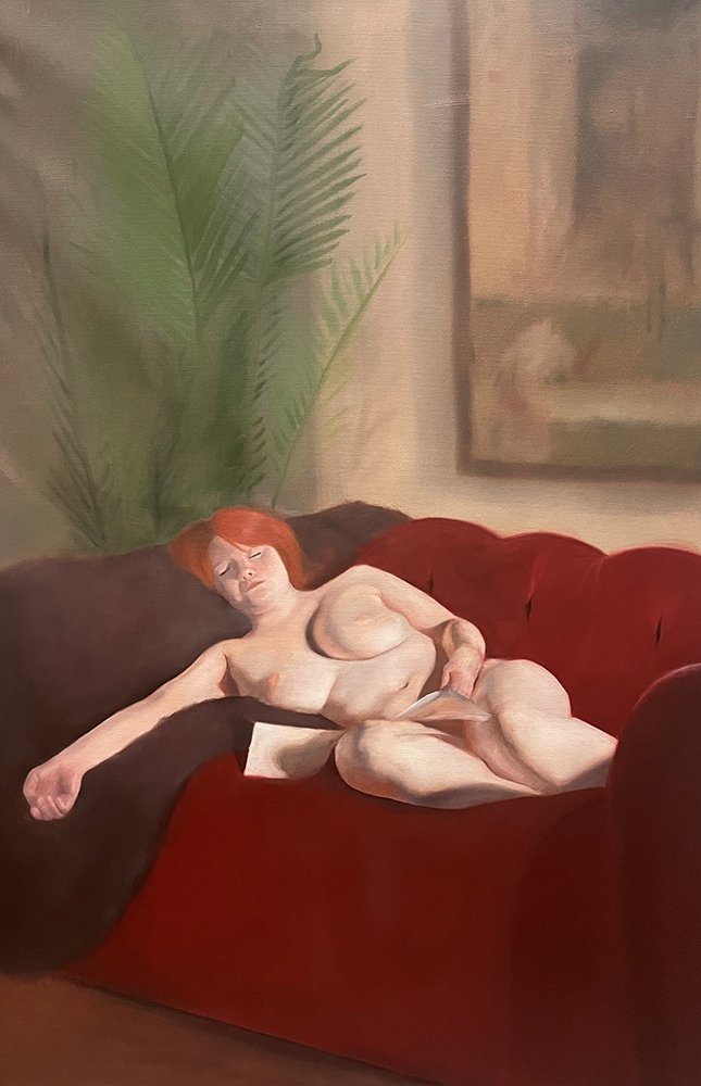 Red Velvet Couch, by Ally Cotton, 2023, oil on canvas