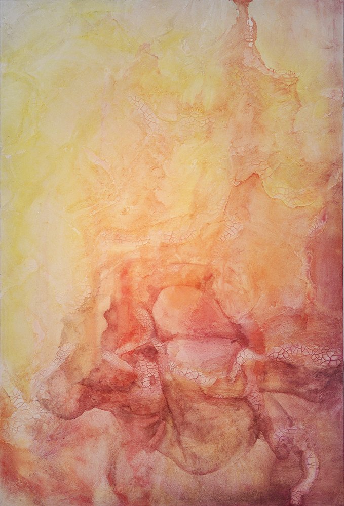Submerged, by Shaina Craft, 2015, Watercolor and fiber paste on canvas