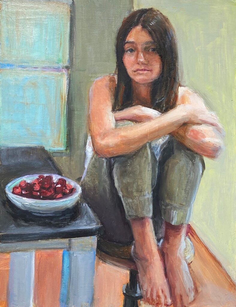 Annie at the Counter, by Stacey Creem Not for Sale, 2020, oil on panel