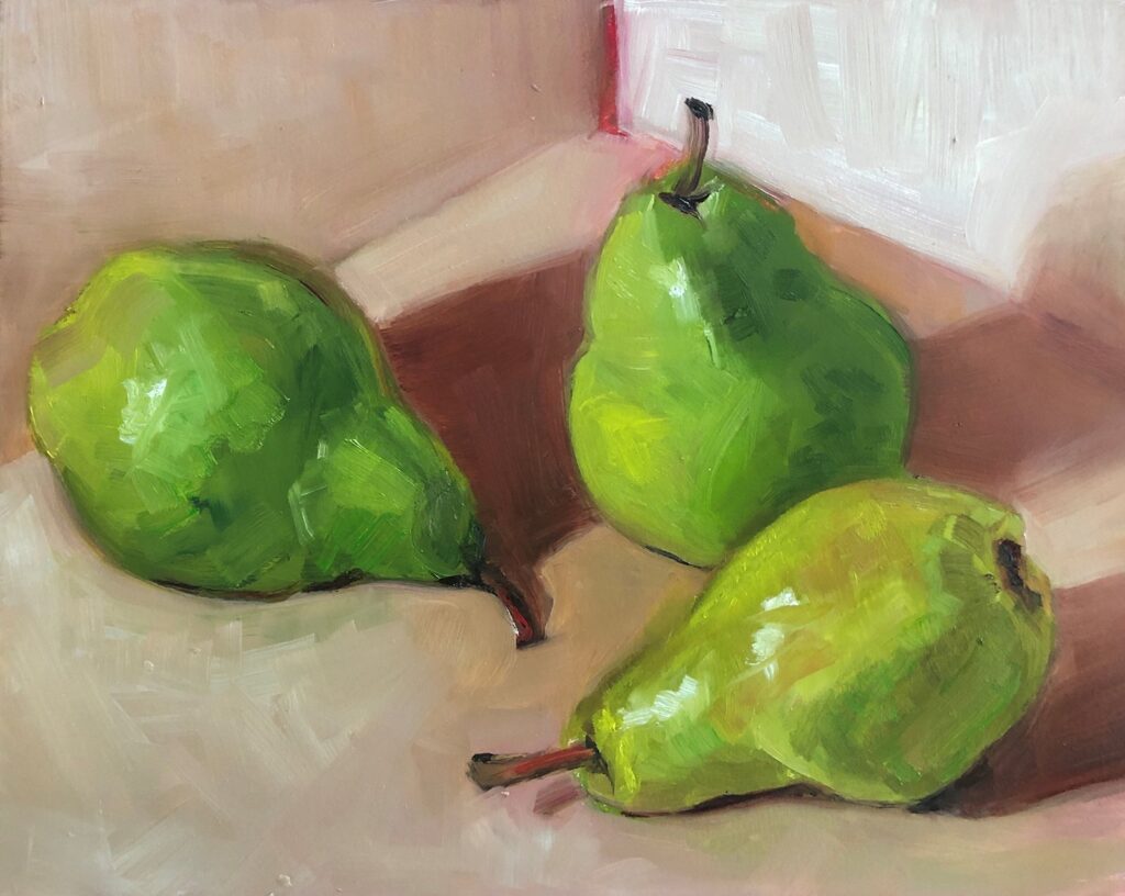 Still Life with Three Pears, by Stacey Creem, 2019, oil on wood panel