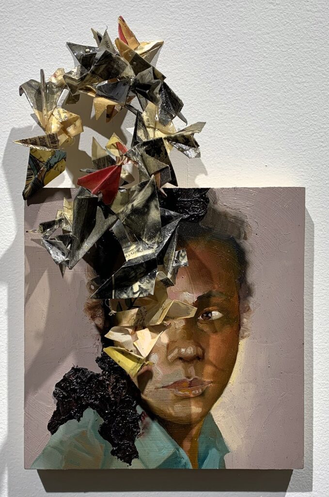I’llleaveitonthemountaintopwhenhecomesforme, by David Antonio Cruz, 2016, oil on wood, newsprint, and gold pins