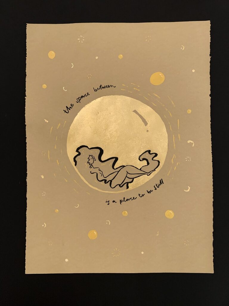 Surrender, by Eliane Cynovich Not for Sale, 2020, ink, gouache, and gold leaf on paper