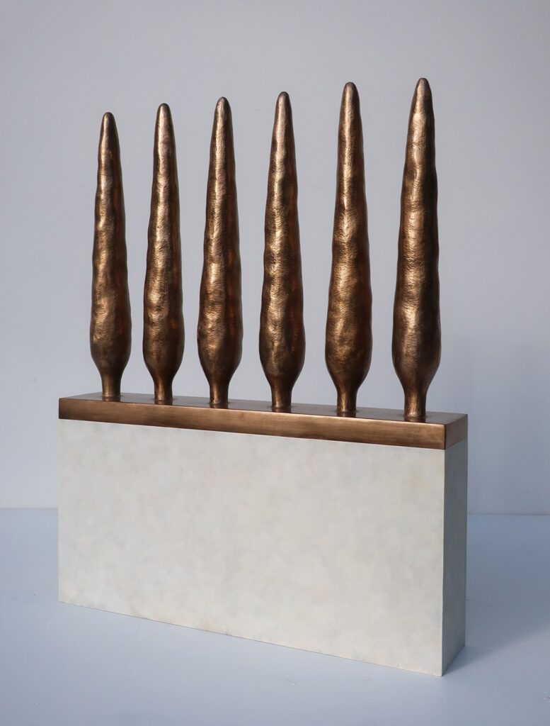 End of the Road, by Camilla Marie Dahl, 2020, bronze and steel with gold and white patina