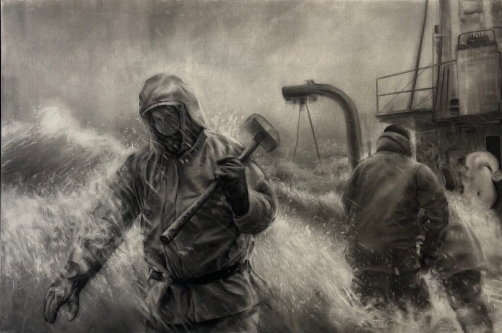 Ice Breaker, by Ryan Davis, 2022, charcoal on paper mounted to canvas