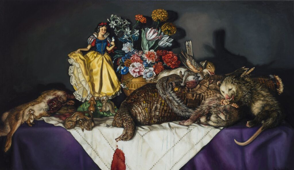 Snow White with a Laid Table of Roadkill, by Cara De Angelis, 2017, Oil on linen