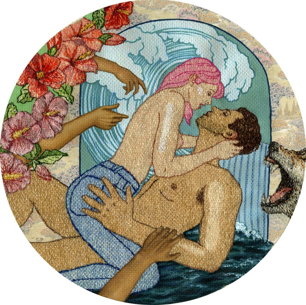 It Gives and It Takes, by Cara De Angelis, 2021, acrylic, vintage paper, and colored pencil on needlepoint canvas, 12 inches diameter