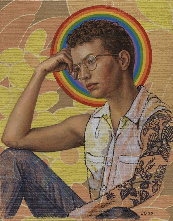 Study of Julia, by Cara DeAngelis, 2020, acrylic on vintage wallpaper mounted to board