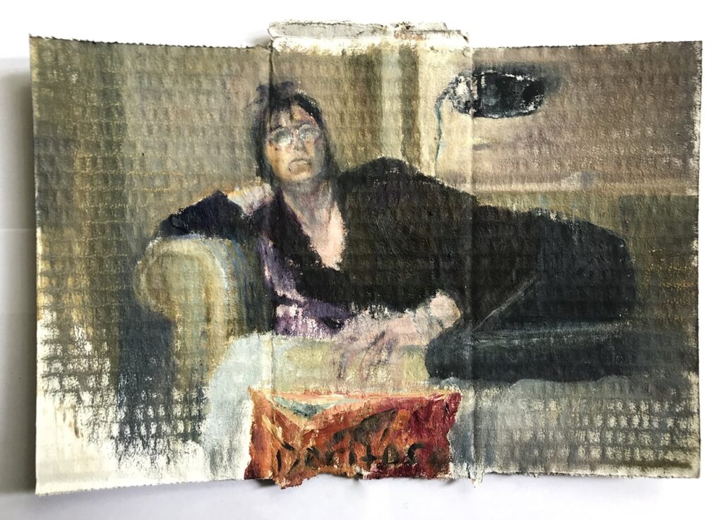 After Party, Trashy, Greedy, Cheesy Fingers, by Hanna Rose DeMarco, 2020, oil on cardboard