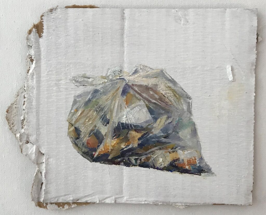 Bathroom Trash I, by Hanna Rose DeMarco, 2020, oil on cardboard