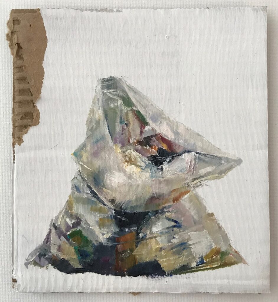 Bathroom Trash II, by Hanna Rose DeMarco, 2020, oil on cardboard