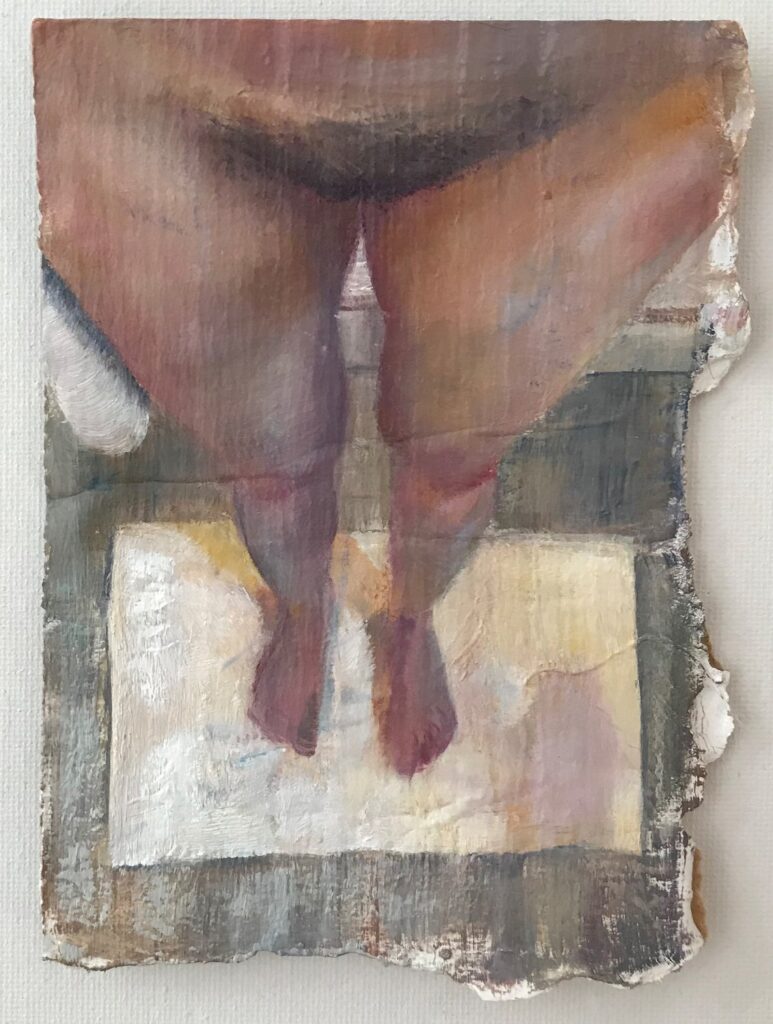 Post Shower Pelvic Bend, by Hanna Rose DeMarco, 2020, oil on cardboard