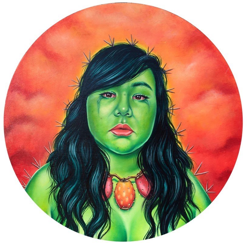 Don't Touch Me, I Am Sensitive, by Josie Del Castillo, 2018, oil on panel, 23.75 inches diameter