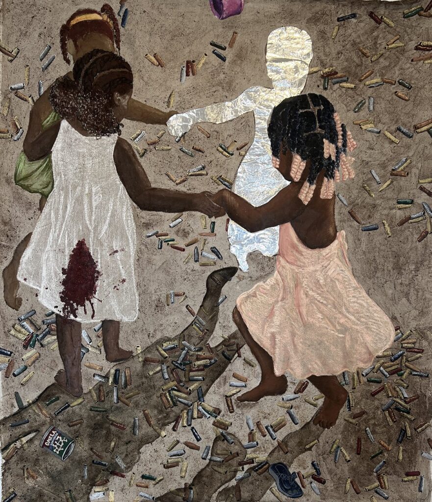 We All Fall, by Kimmah Dennis, 2021, oil, oil based paint marker, chrome vinyl film, dirt, and oil pastel on unstetched linen