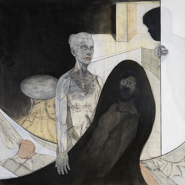 Gatekeeper II, by Michael Loren Diaz, 2019, acrylic, charcoal, collaged paper, colored pencil, and pastel on canvas