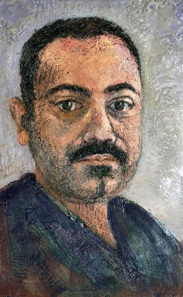 Self-Portrait as Fayum Mummy Portrait, by Manos Dimitrakis, 2019, encaustic on birch plywood panel