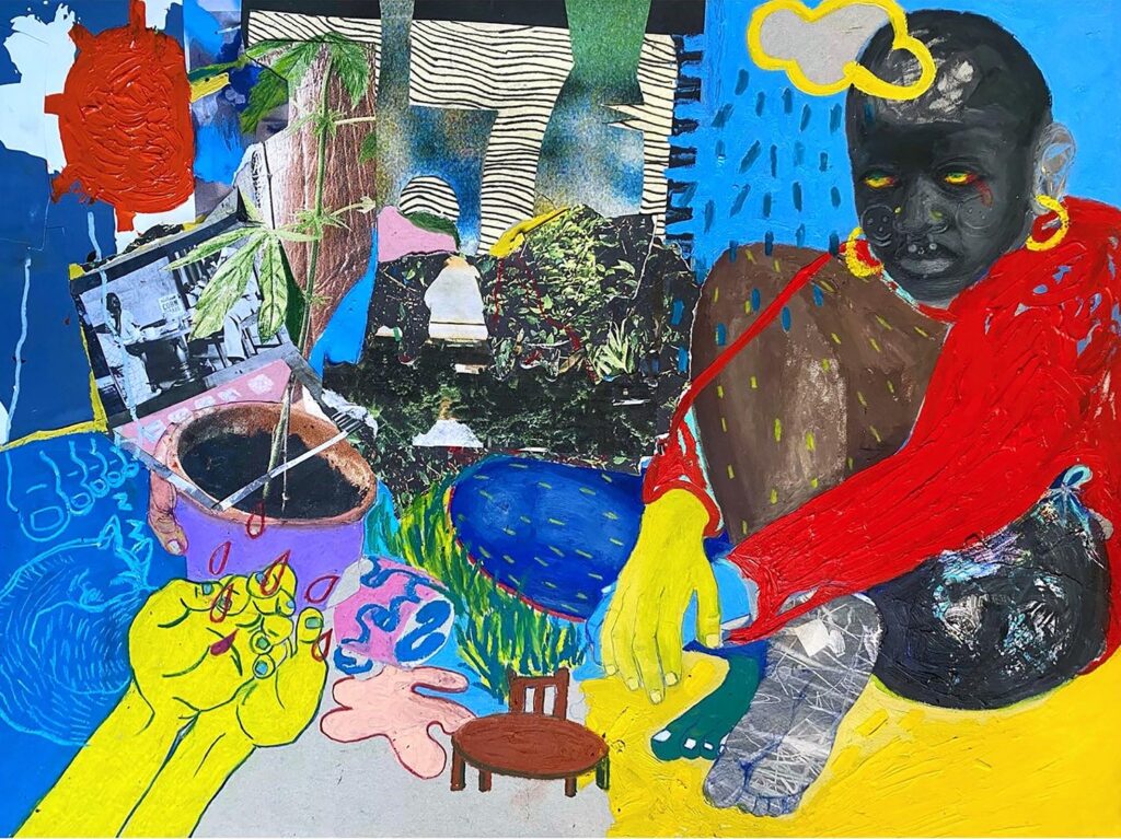 The Corner of the Room Was Cold and Blue, by Zeinab Diomande, 2021, acrylic, gouache, oil pastel, oil, and wallpaper on toned paper