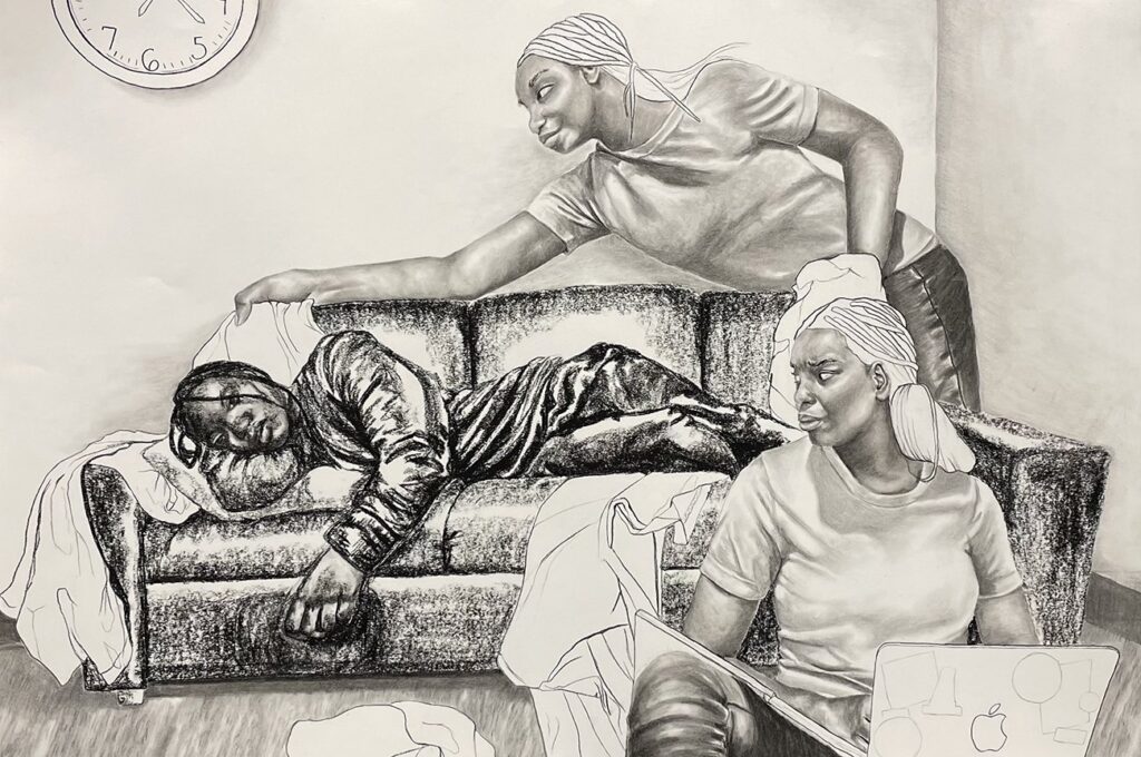 Taking Care of Myself, by Temple Douglass, 2023, charcoal on paper