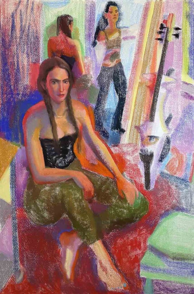 Michelle Rose and Her 5-String Cello, by Jaki Doyka, 2022, pastel on paper