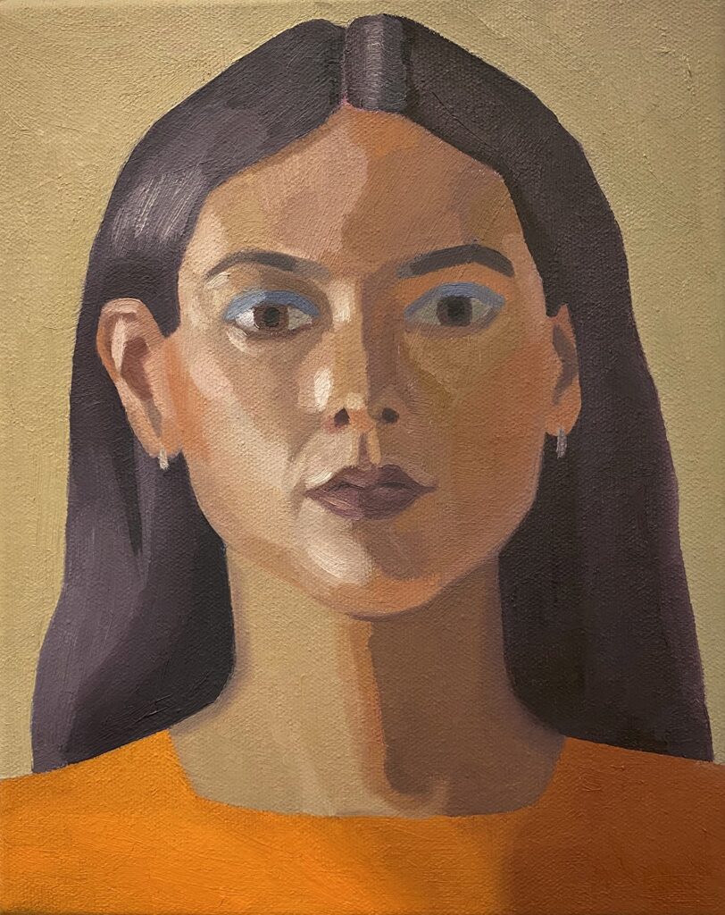 Self-Portrait in Cadmium Orange, by Jaki Doyka, 2020, oil on canvas