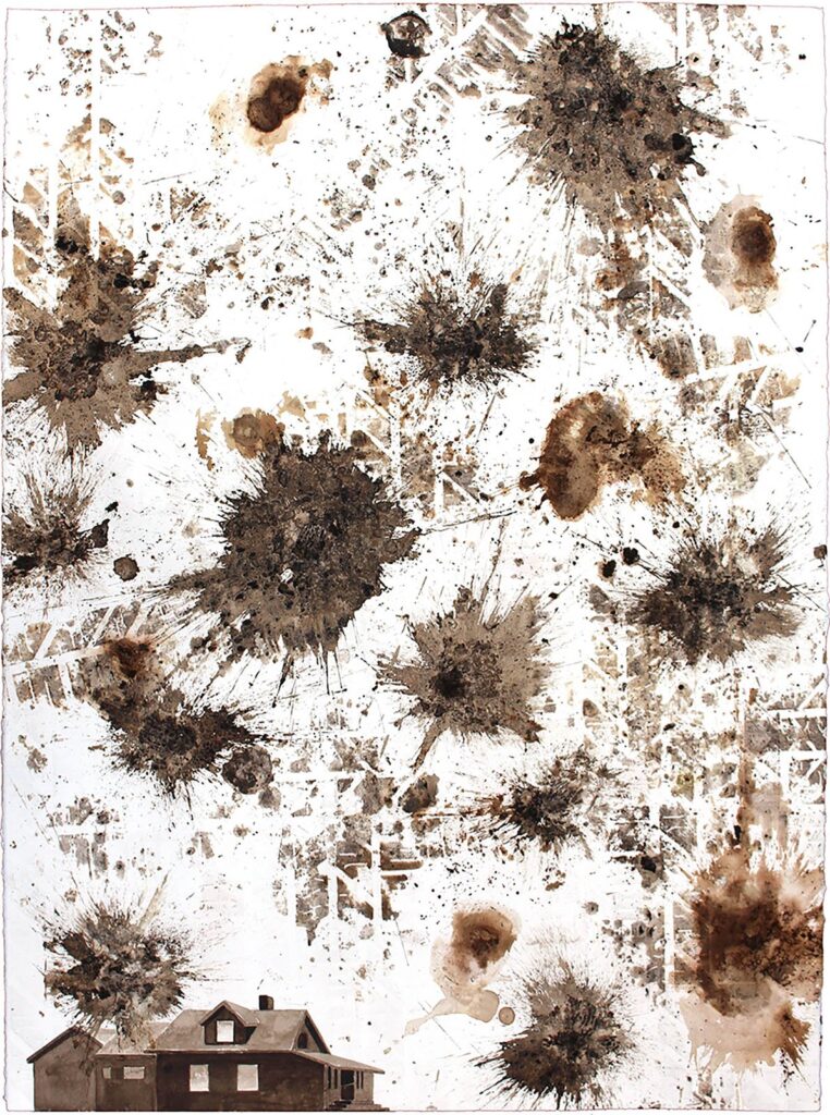108 Fourth Avenue Southeast, by Matt Drissell, 2017, ink and crushed walnuts on Arches watercolor paper