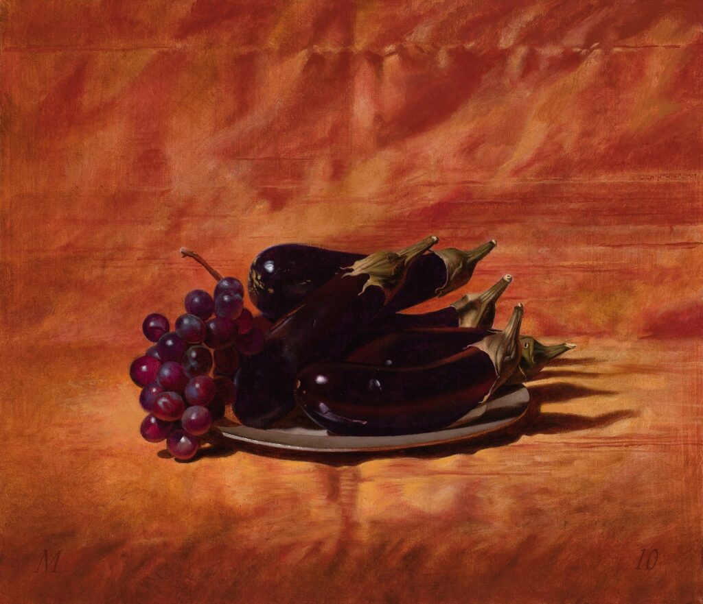 Eggplants and Grapes, by Martha Erlebacher, 2010, Oil on canvas