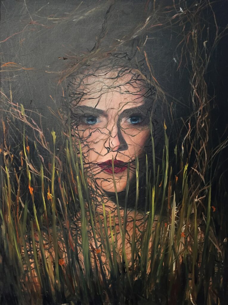 Between the Vines, by Hannah Finkbohner, 2018, oil on canvas