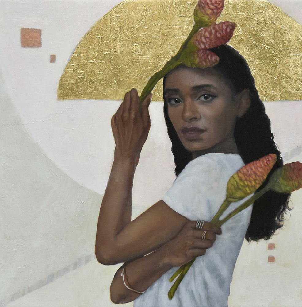 Husna after Klimt, by Alaina Plowdrey Forehand, 2023, oil and gold leaf on birch panel