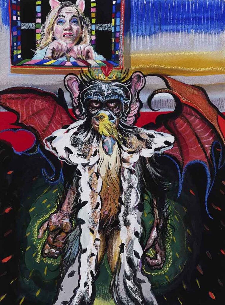 The White Cat III, by Natalie Frank, 2019-2020, gouache and chalk pastel on paper