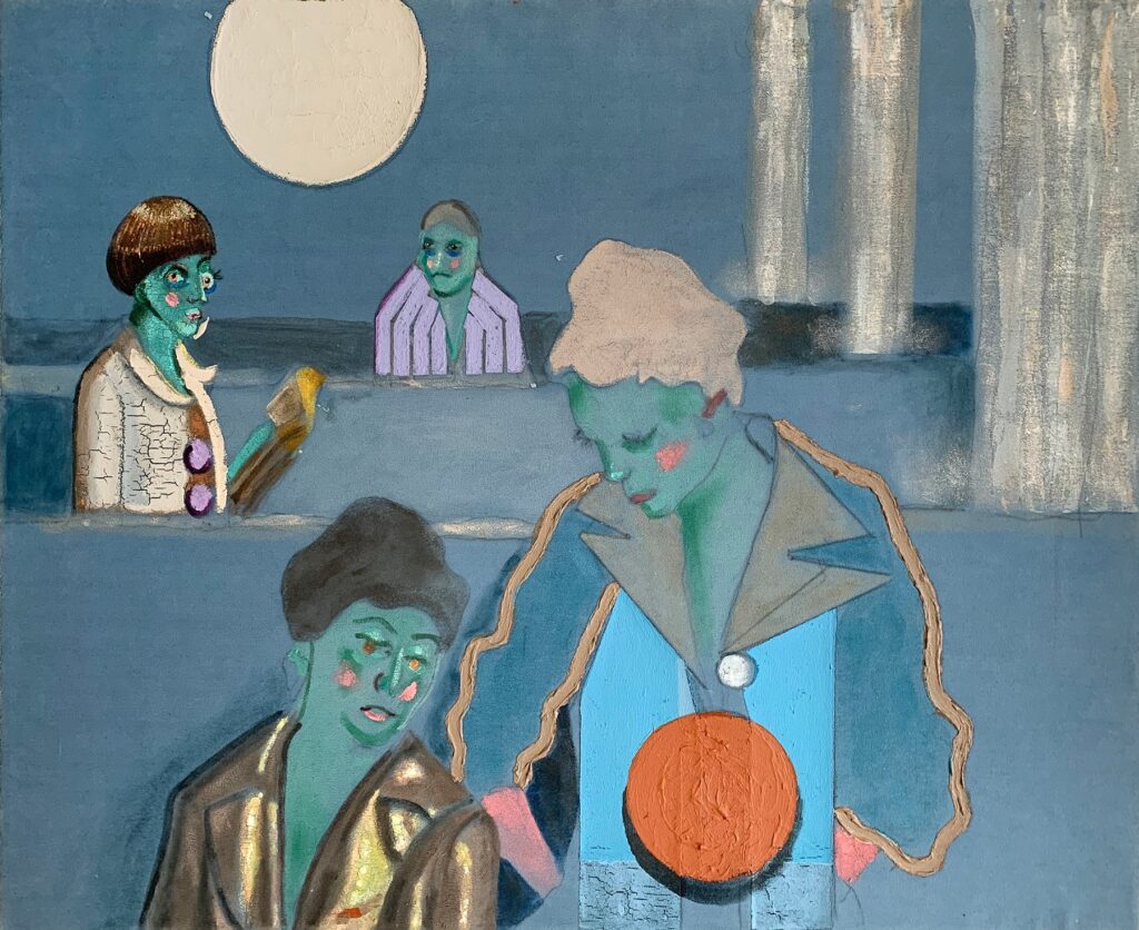 In the Mist Mall, by Meg Franklin, 2019, acrylic and oil on velvet