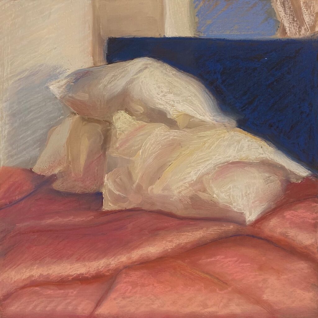 Comforter, by Caroline Gates, 2021, oil and soft pastel on wood panel