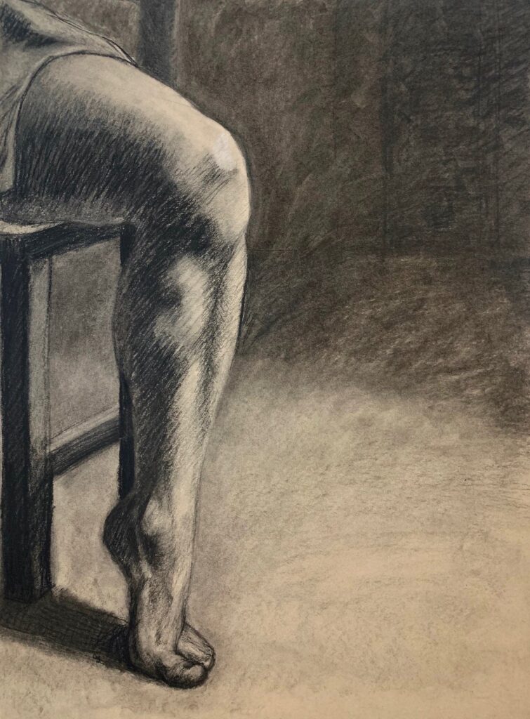 Half, by Caroline Gates, 2020, charcoal and white chalk on toned paper