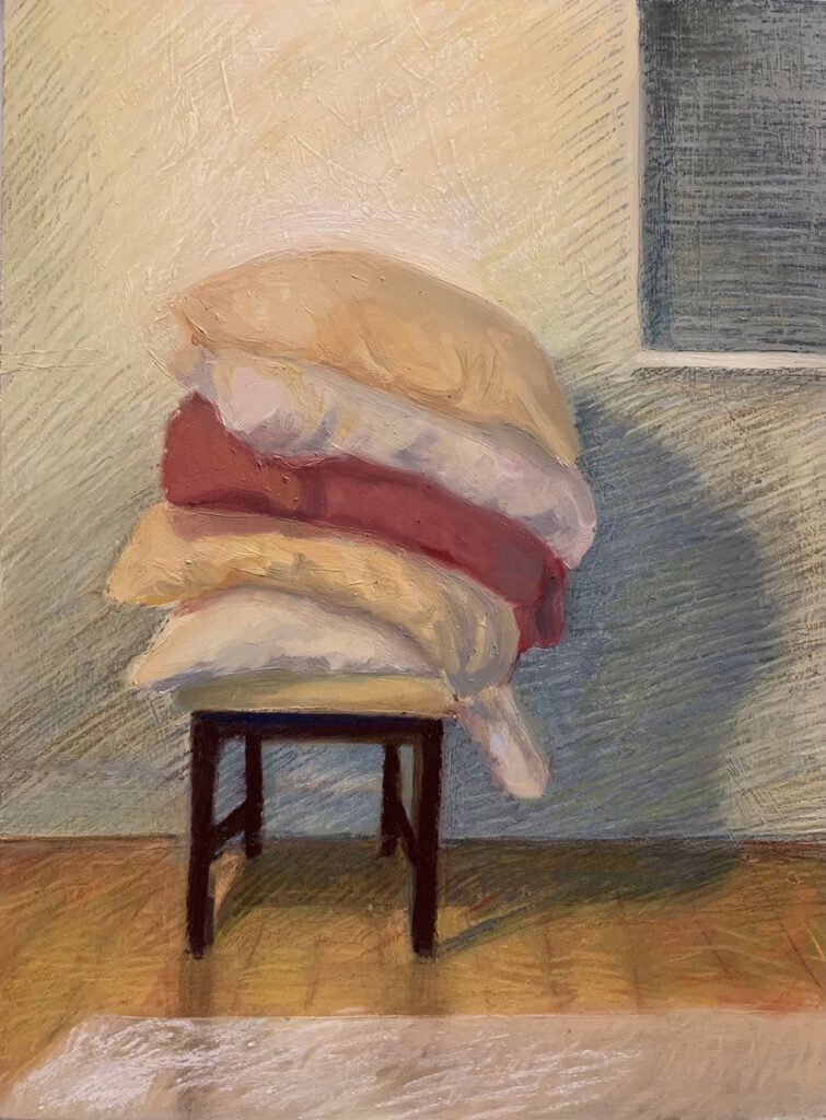 Pillow Stack, by Caroline Gates, 2021, oil and soft pastel on wood panel