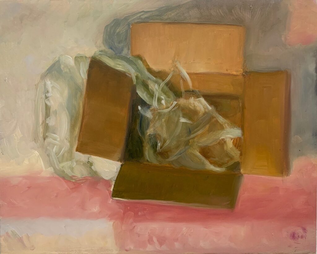 Unboxed, by Caroline Gates, 2020, oil on wood panel