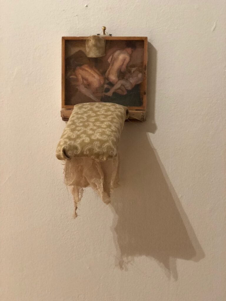 At Nights, by Eleni Giannopoulou, 2018, oil, wood, wire, and lights