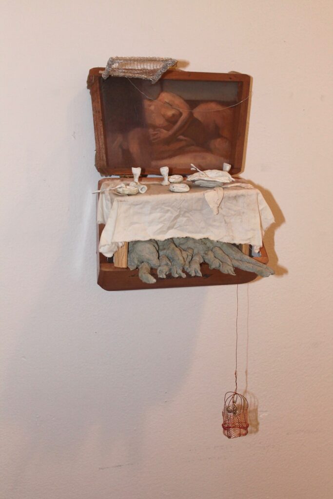 Easter Feast, by Eleni Giannopoulou, 2018, wood, epoxy clay, oil, wire, metal, fabric, cigar box