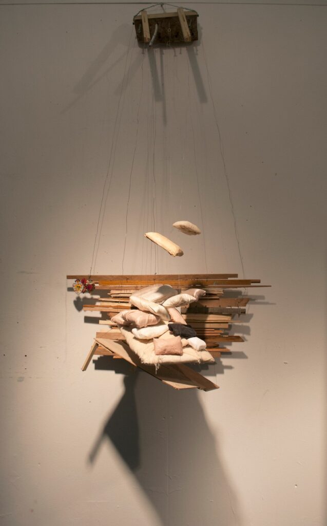 My Bed, by Eleni Giannopoulou, 2018, wood, epoxy resin, clay, wire, horse hair, nails, metal fishing line, and fabric